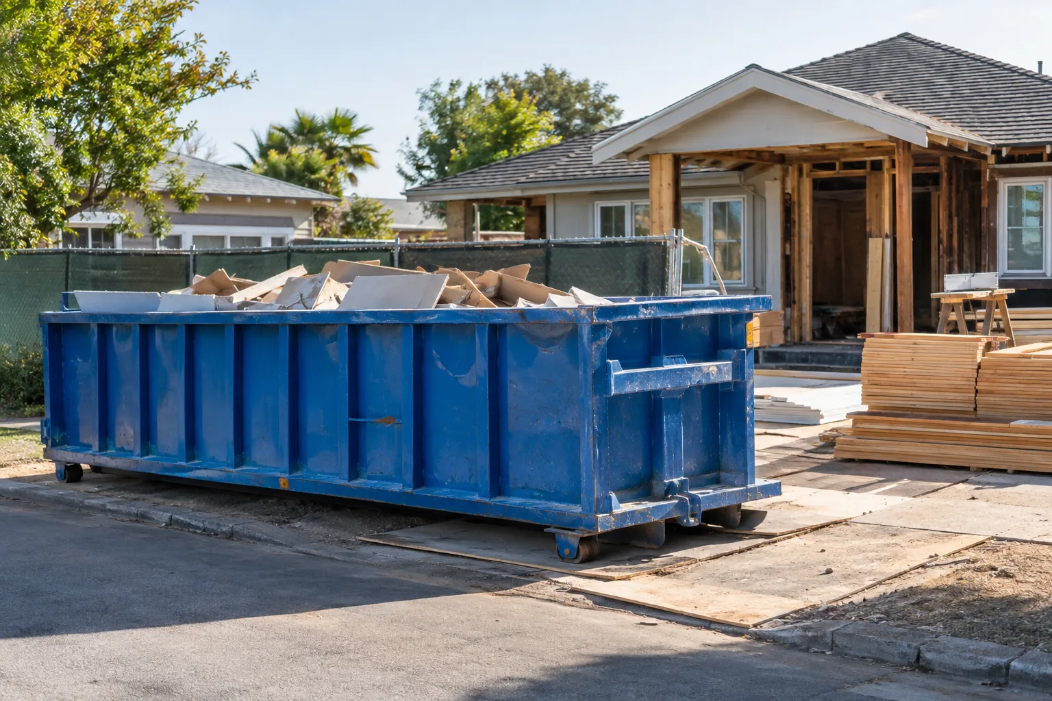 A blue roll-off container at a residential remodeling project