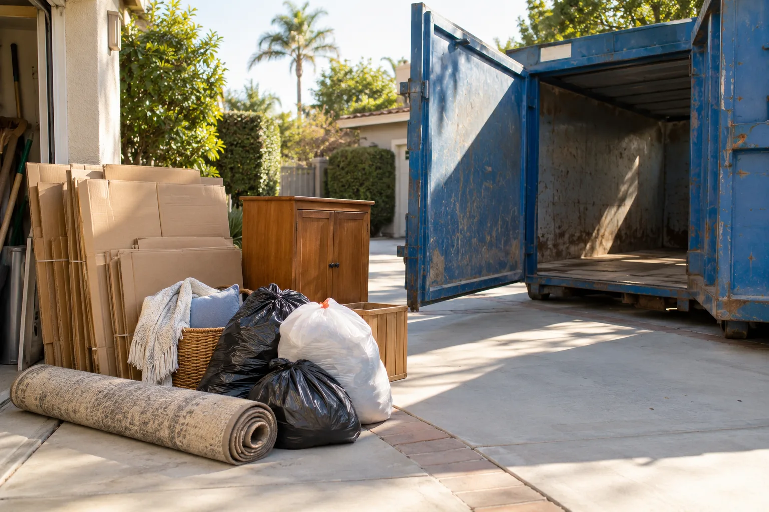 Household cleanout material staged beside an open roll-off container