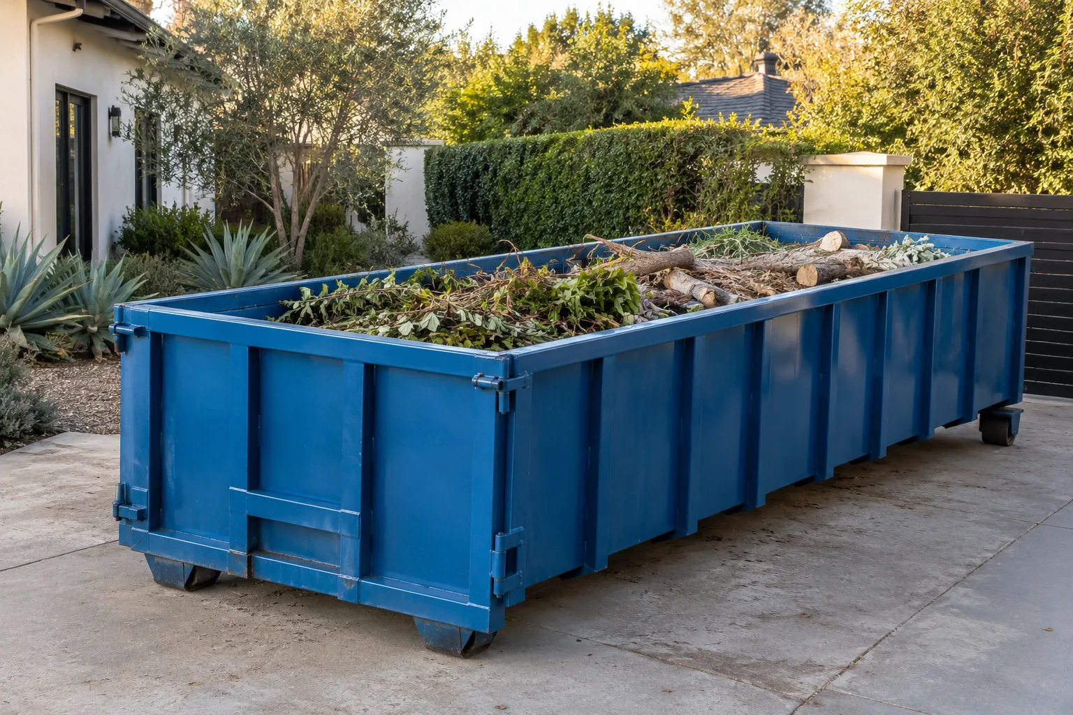 A blue roll-off container holding clean yard debris